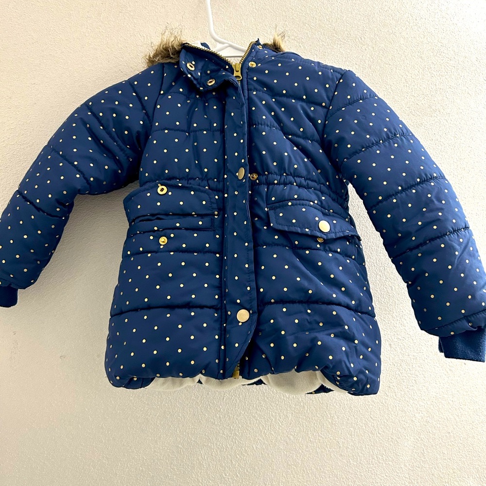 Carters Coat! Navy Polka Dot Puffer Girls Coat with Fur Trim by Carters Size 4/5